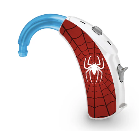 Hearing aid skins in red ad white spider design